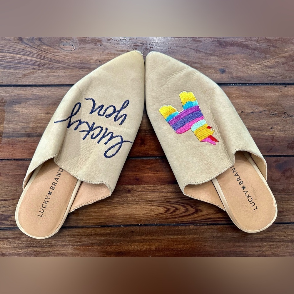 Lucky Brand Tan Mules with Embroidered Llama Design Size 7